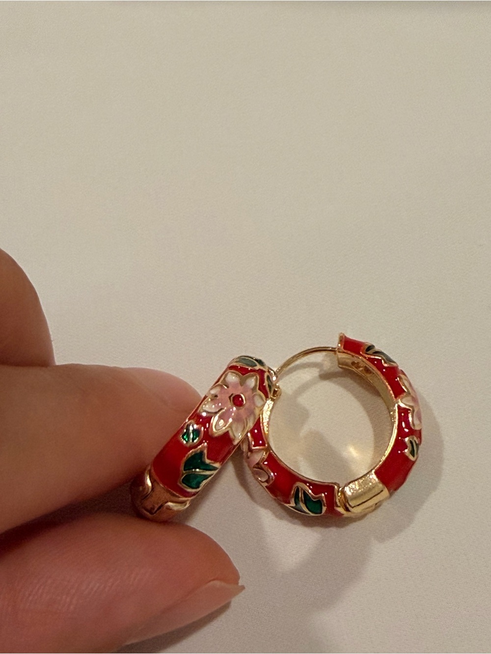 Red Enamel Hoop Earrings with Pink Floral Accents - Picture 6 of 6